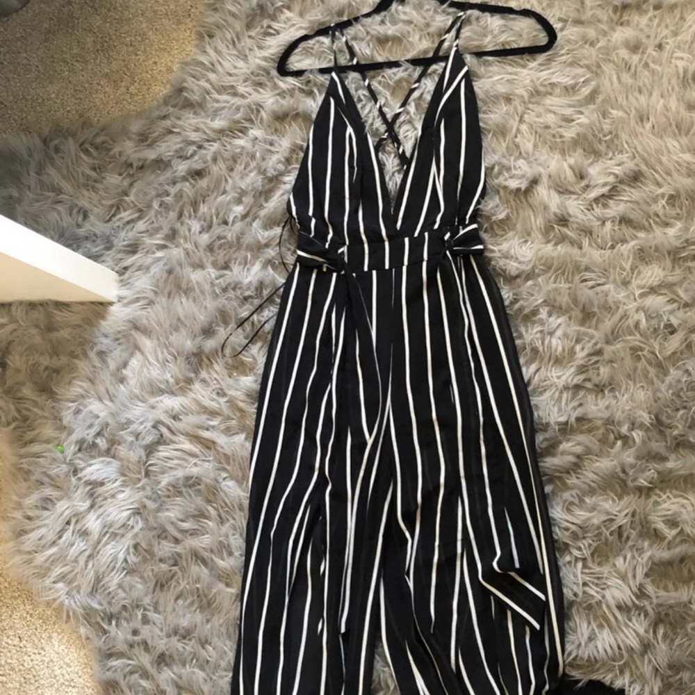 Open back striped adjustable jumpsuit with belt